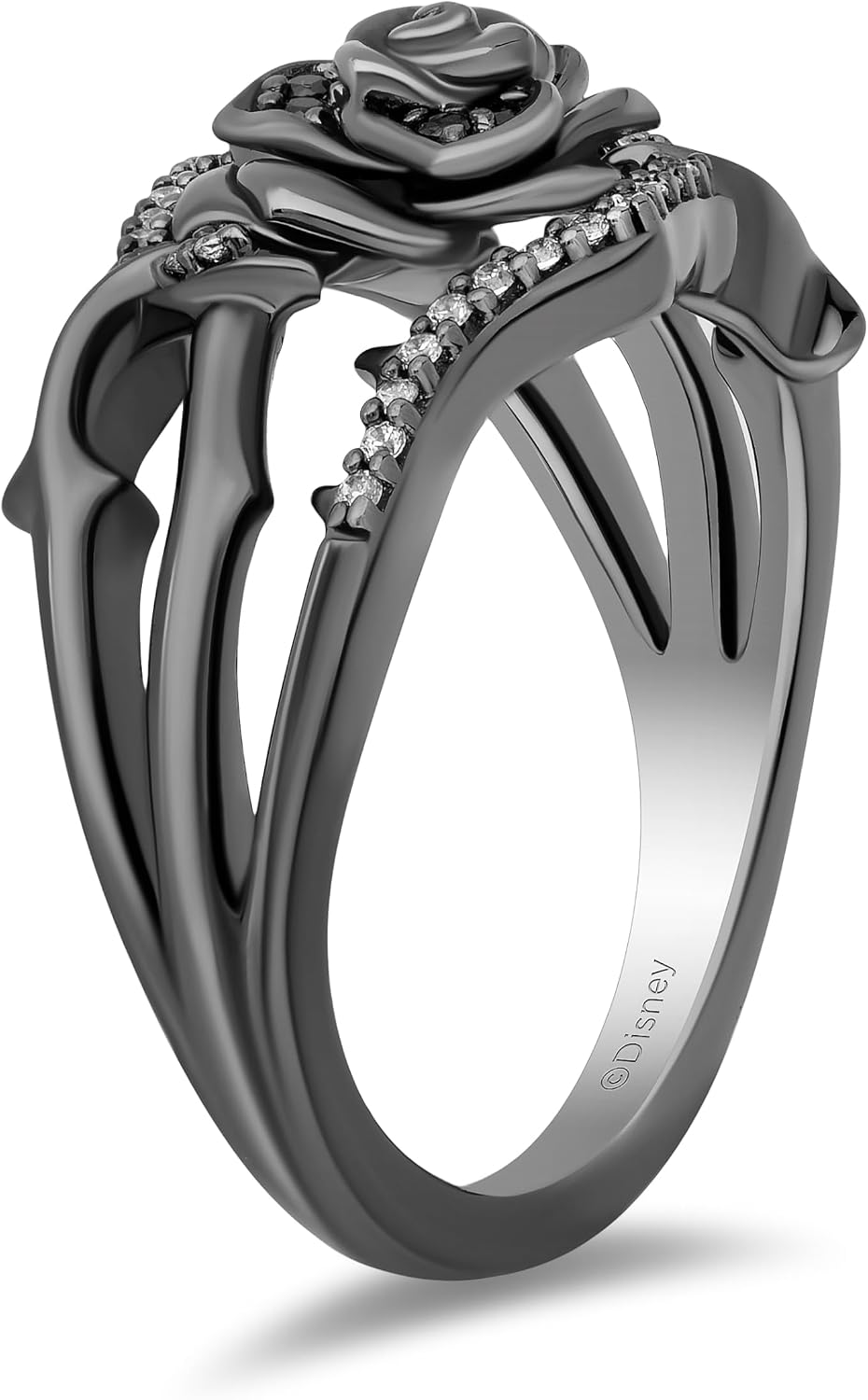 Jewelili Enchanted Disney Fine Jewelry Black Rhodium over Sterling Silver with 1/5 Cttw Diamonds Maleficent Ring