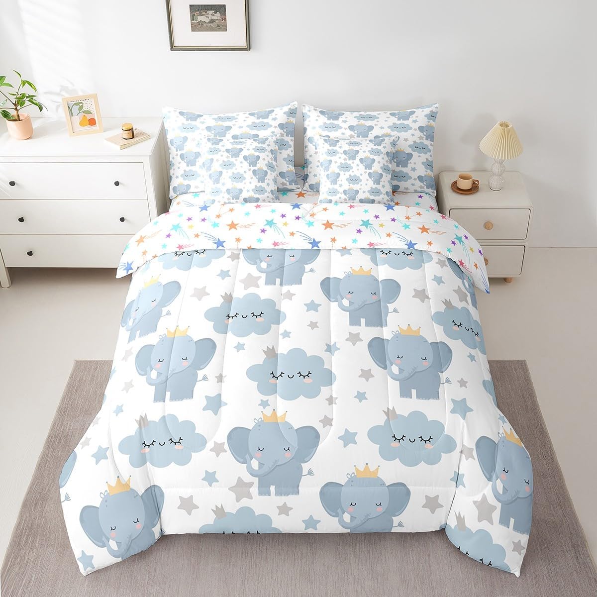 Feelyou Cute Baby Elephant 7 Piece Bedding Set Queen Size Kawaii Cloud Star Pattern Comforter Set with Sheets for Kids Boys Girls Teens Blue Grey Bed in a Bag Lovely Print Bed Set