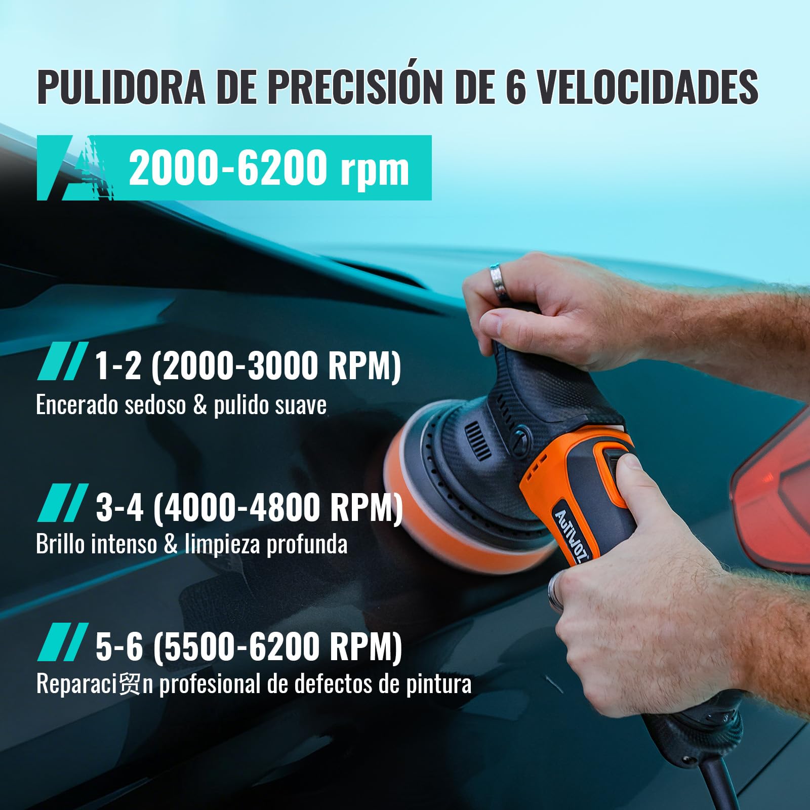 AUTIWOZ 630W Pulidora Coches Orbital 9mm,125mm Kit de Pulido,Excéntrica Máquina de Pulido,Pequeña Pulidora con 6 Velocidades Variables (2000-6200 rpm), para Detallado Automotriz-W01