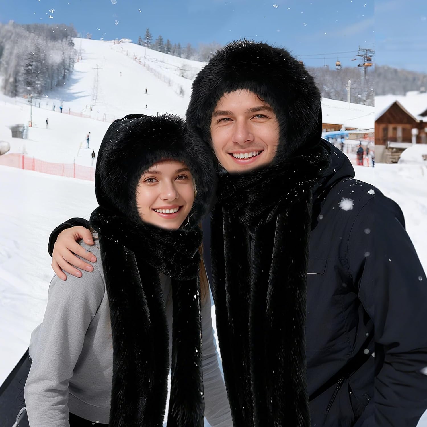 Hooded Scarf for Women Winter - Faux Fur Scarf Hat Gloves 3 in 1 Set Soft Thick Warm - Image 7