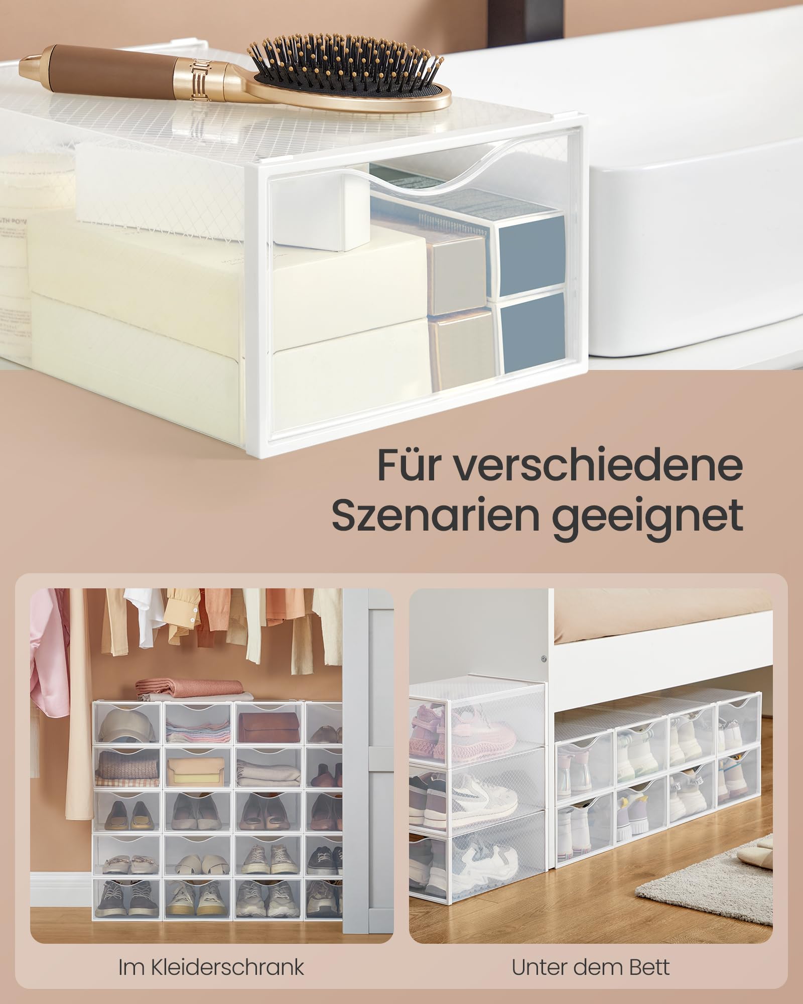 SONGMICS Schuhboxen, Schuh-Organizer aus Kunststoff, mit Tür, durchsichtig, 18er Set, stapelbar, einfache Montage, 33,2 x 23 x 14,5 cm, für Schuhe bis Größe 43, transparent-wolkenweiß LSP318W01