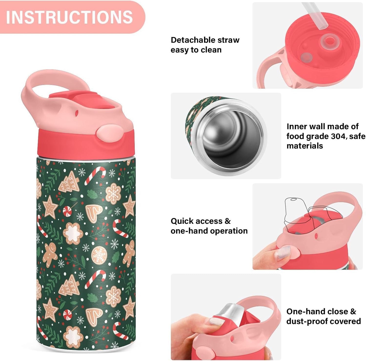 Christmas Gingerbread Snowflakes Kids Insulated Water Bottle, Toddlers Tumbler Travel Cup with Straw & Handle Stainless Steel Cup for Travel School Girls 12 oz - Image 3