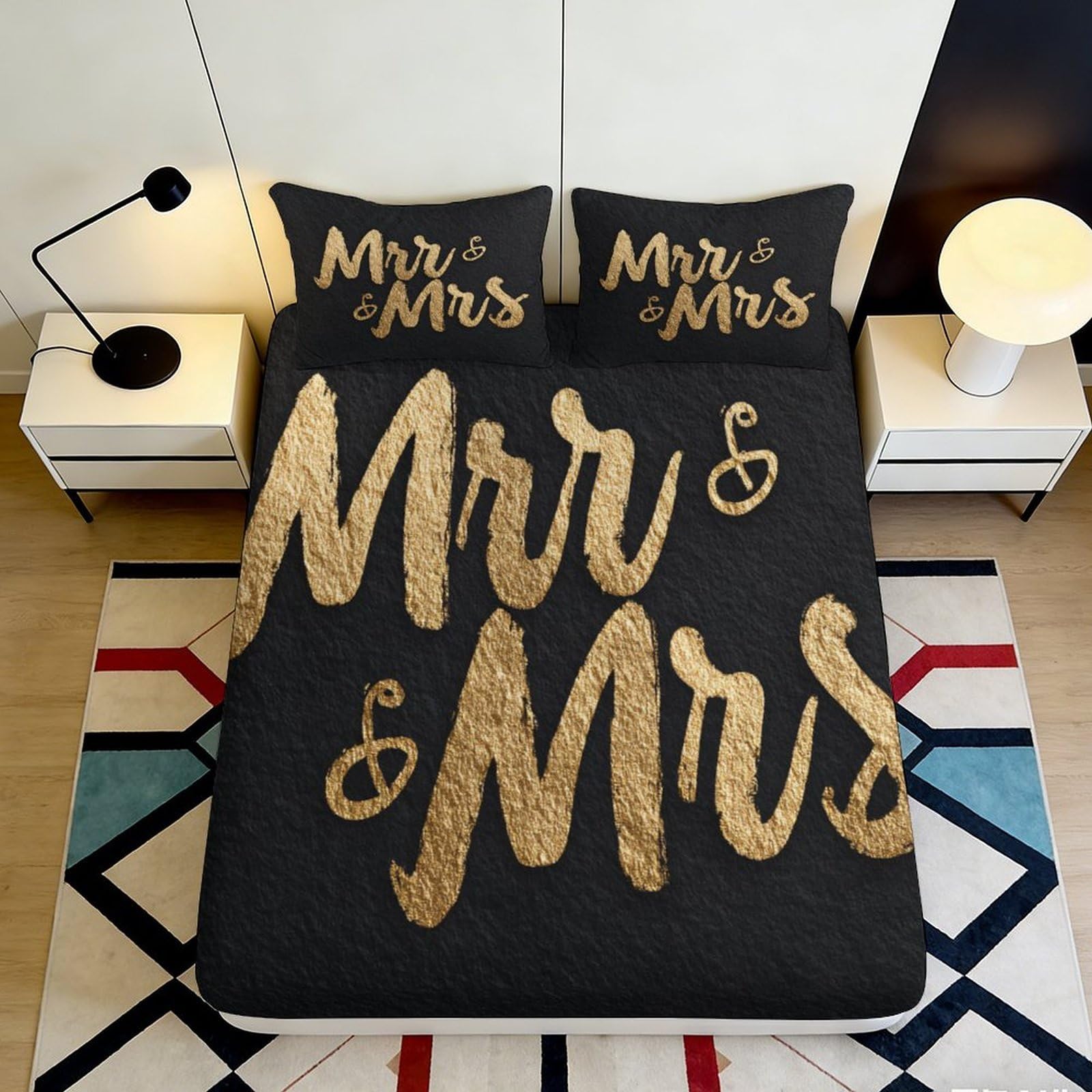 Jqzkxnhpbr Style-5 3D Printed Mr & Mrs Fitted Sheet Microfiber Black Gold Bed Sheet Wedding Bedroom Decor Anti-Slip Machine Washable 90X200x25cm