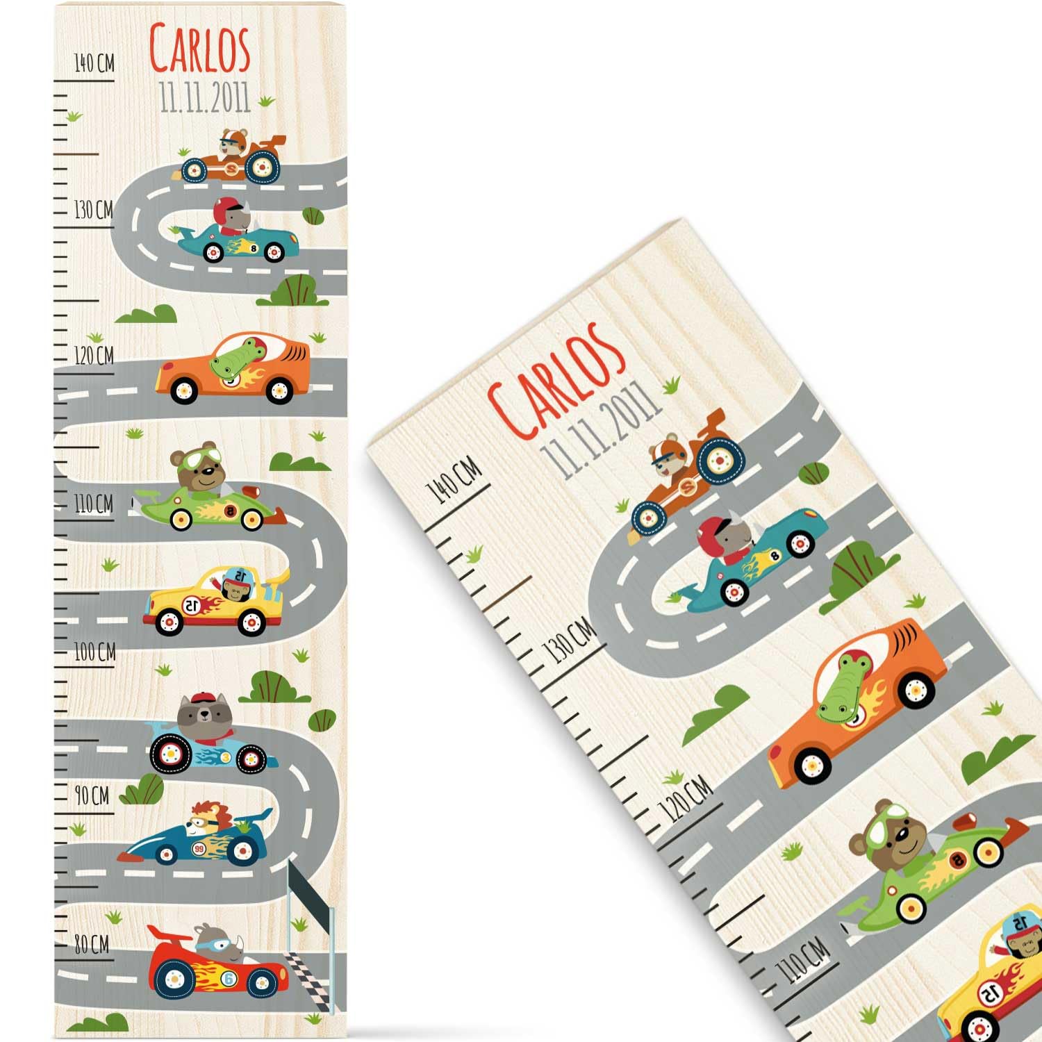 GRAVURZEILE Messlatte für Kinder aus Holz - Rennauto Design - mit Namen für Kinderzimmer - Skala misst 80-140 cm - Größe 20 x 70 x 2 cm - Geschenk zur Geburt für Mädchen & Jungen