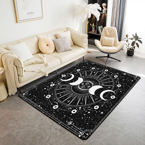 Erosebridal Alfombra psicodélica con diseño de sol y luna de 3 x 5 pulgadas, diseño de estrellas, blanco y negro, para sala de estar, para niños,
