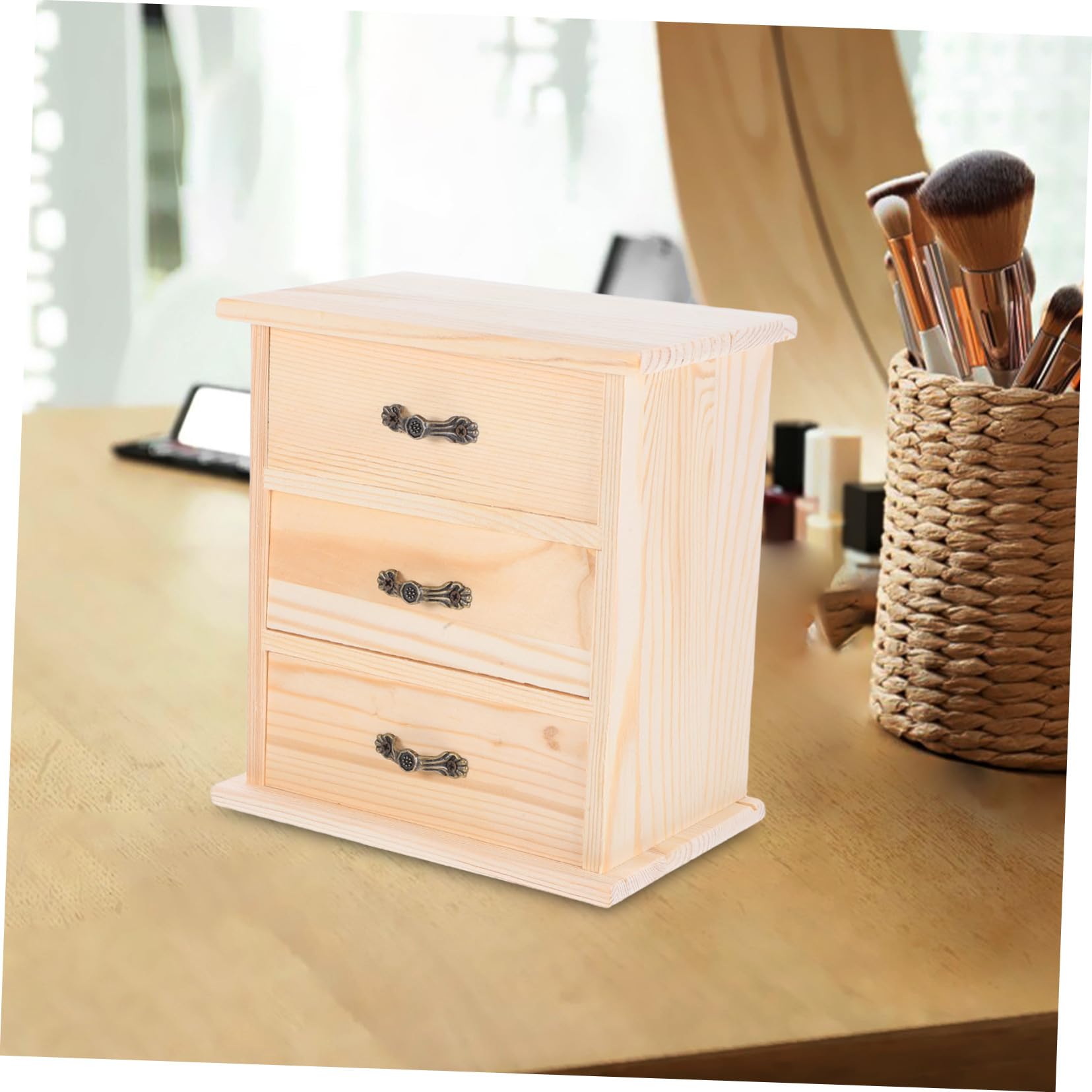 Holz Schreibtisch Organizer mit DREI Schubladen Kleiner Holzschrank für Büro Stilvoller Miniatur Aufbewahrungsbox für Schmuck und Kleinteile Praktischer Schubladen Organizer für