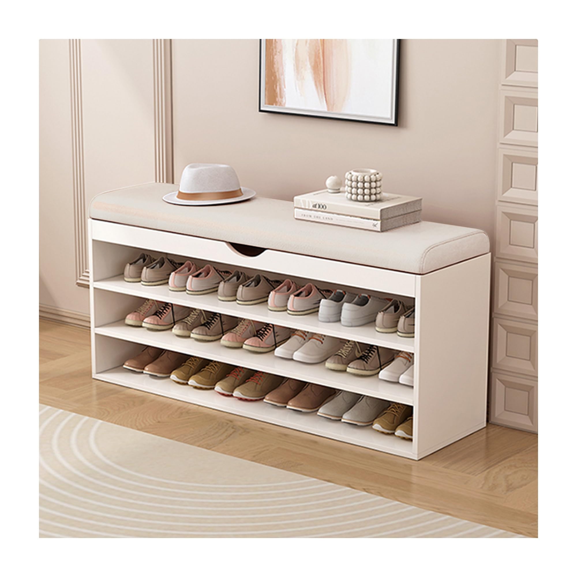 SXZenSpace Shoe Rack with Cushion, Free Standing Bench, Entryway Bench Storage Wooden Cushion Seat, for Entryway(Color:White,Size:120 * 32 42cm)