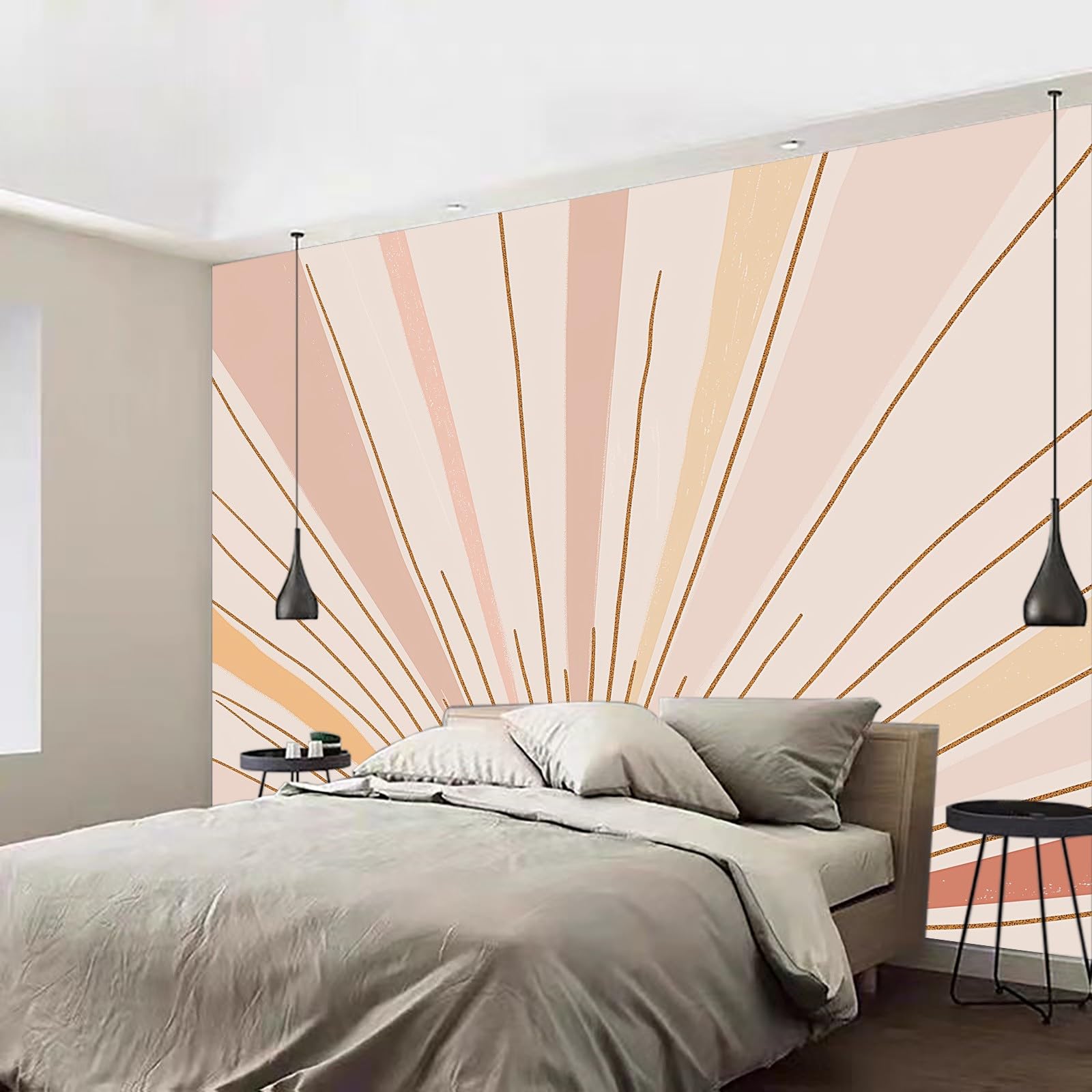 Tapeta ścienna, tęczowe linie słoneczne w stylu boho, fototapeta w stylu boho, tapeta ścienna, 400 x 280 cm (szer. x wys.), dekoracja ścienna, tapeta dekoracyjna, tapeta ścienna, tapeta do salonu