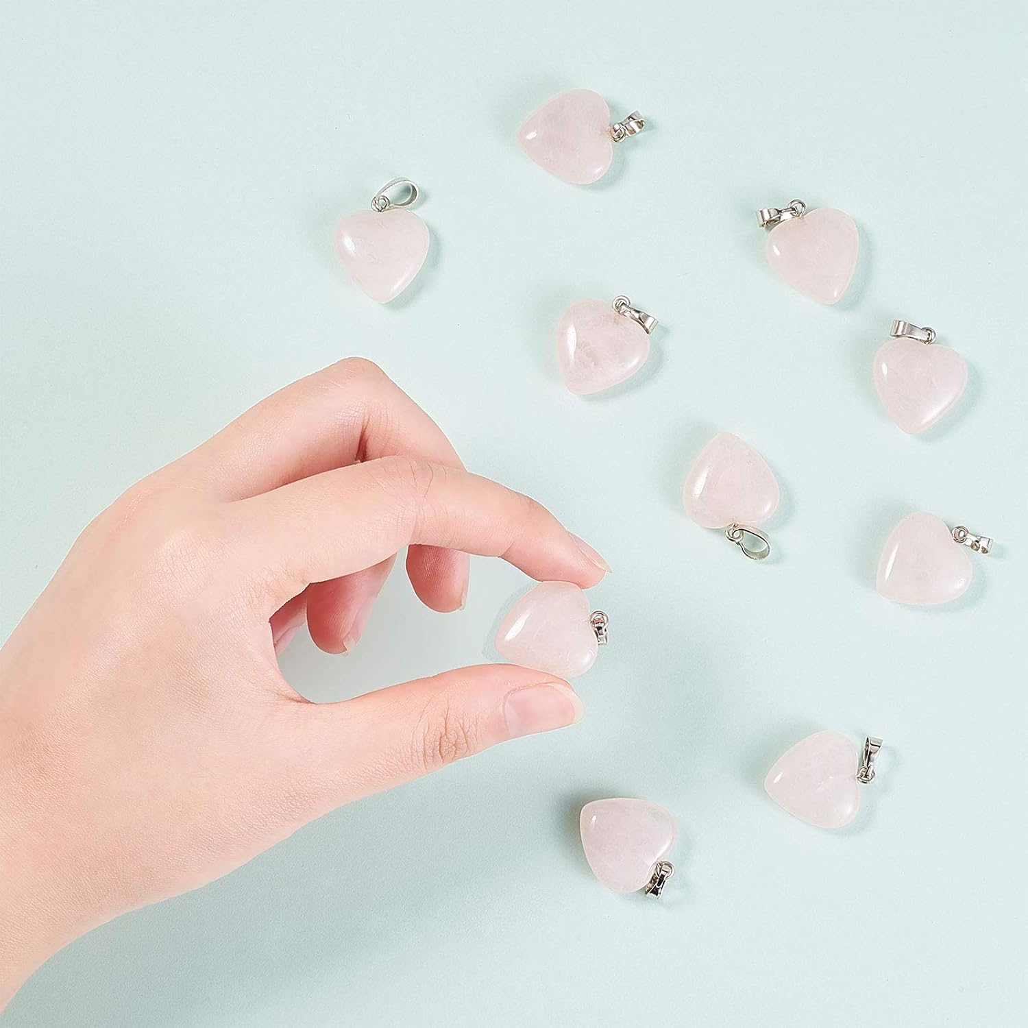 LiQunSweet 10 Pcs Natural Rose Quartz Healing Crystals Stone Pendants Heart Shaped Charms Bulk for Jewelry Making DIY Accessory Crafting - 23x20x9mm