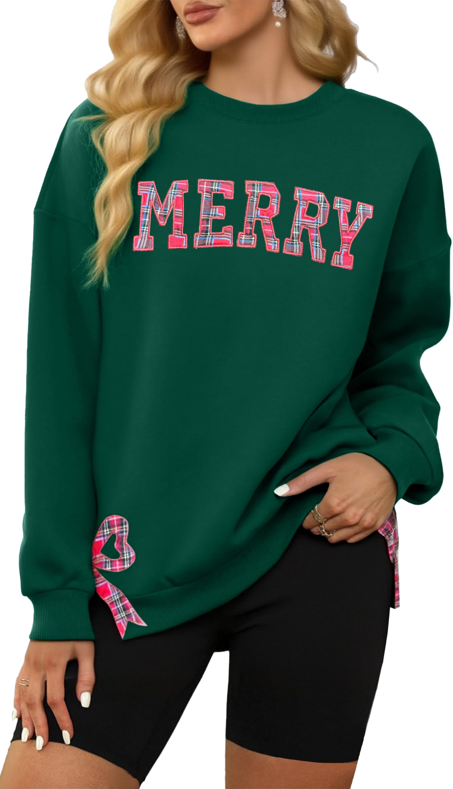 Christmas Sweatshirt Women Merry And Bright Shirts Embroidered Merry Christmas Long Sleeve Tops With Side Bow Applique-image-39