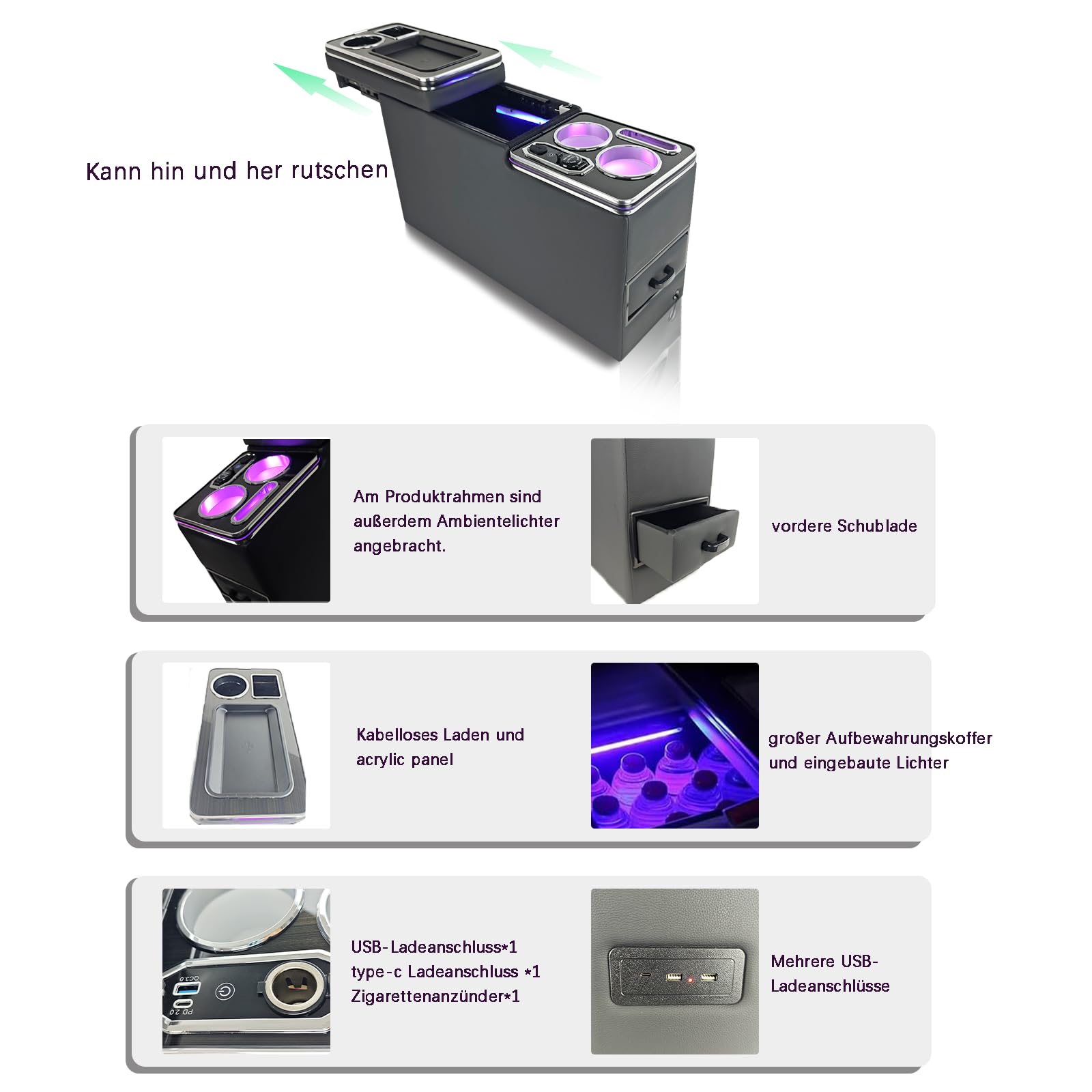JINBZZON Console Centrale Auto Per VW T4/T5/T6/T7 Con Ricarica Wireless E Luci LED 7 Colori - Nero - 6