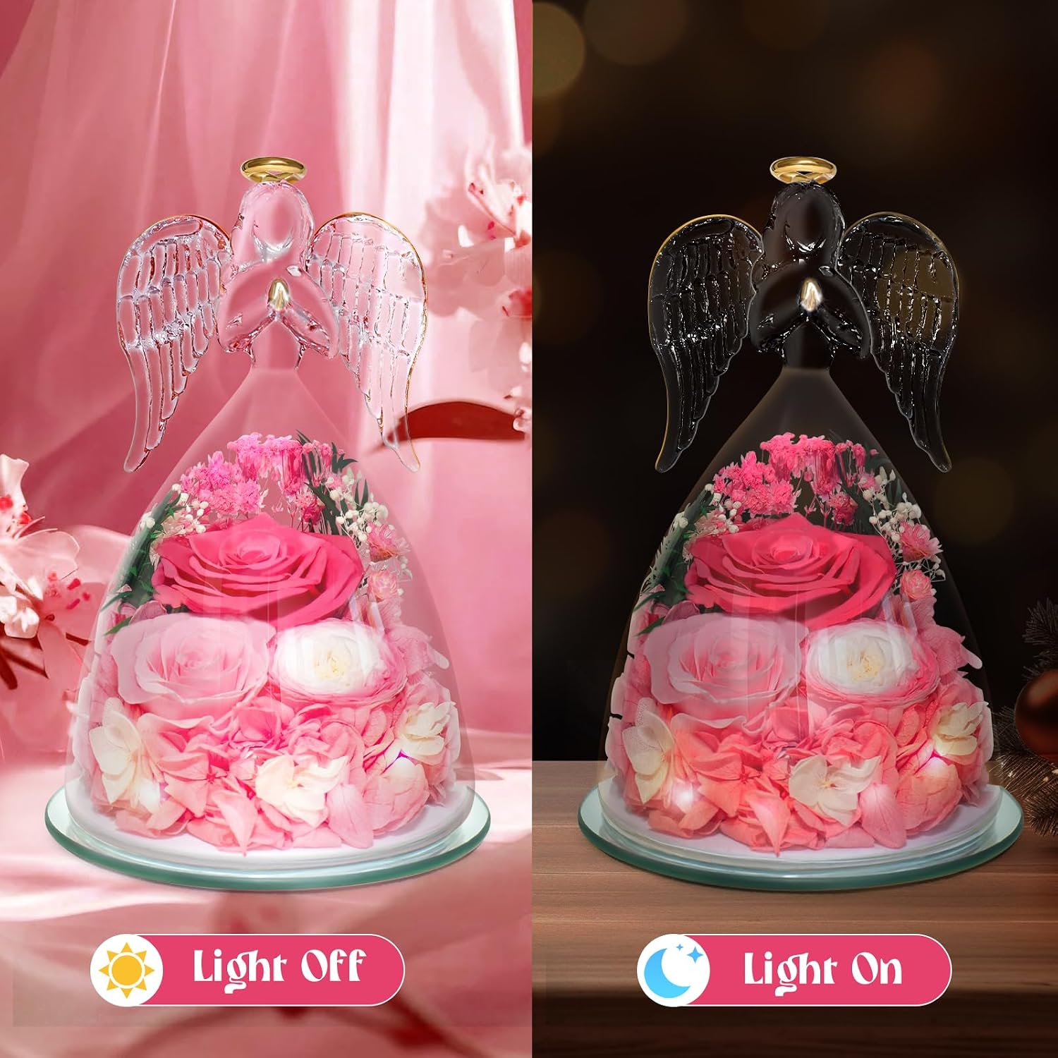 Preserved Flowers Forever Rose in Glass Valentines Day Gifts Angel Figurine Eternal Fresh Flowers with 3 Pcs Real Rose Mother's Day Christmas Anniversary Birthday for Her Mom Grandma Friends(Pink)