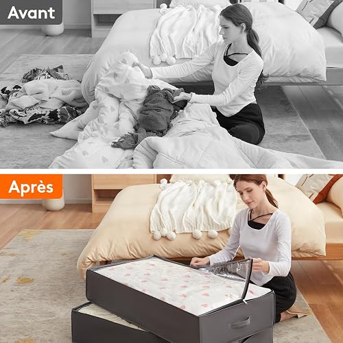 Lifewit 2 Pack 95L Under Bed Storage, Underbed Storage Boxes with lid Clothes Storage Bag Wardrobe Storage Organiser with Reinforced Handle, PVC Window for Duvet, Blanket, Clothing, Shoes, Grey - 9