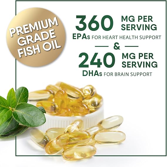 Omega 3 Fish Oil Supplements - 2400mg Fish Oil Per Serving - Triple Strength Omega-3 with EPA & DHA Fatty Acids - Natural Heart, Brain & Immune Support - Wild Caught, Bottled in USA - 60 Softgels
