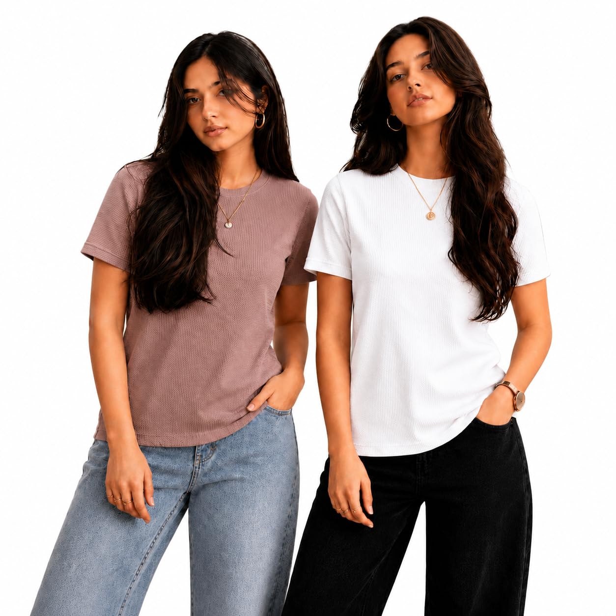 Women's Regular Fit Waffle Knit T-Shirt | Round Neck | Half Sleeve | Cotton Blend Casual Top (Pack of 2)-MN-602-image-42
