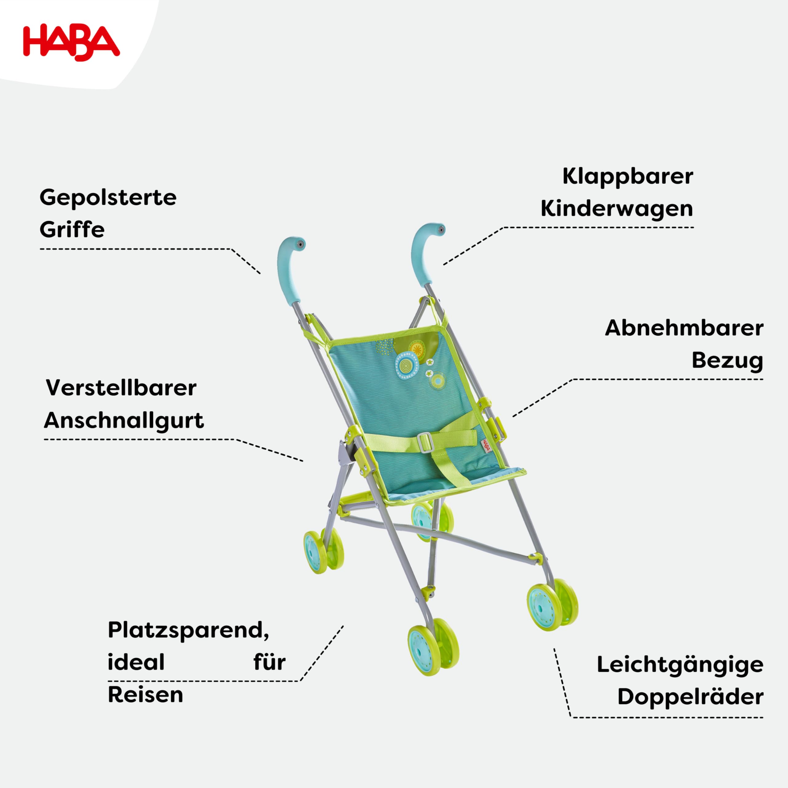 HABA 306208 – wózek dla lalek letnia łąka, akcesoria dla lalek od 3 lat, 25 x 25 x 63 cm