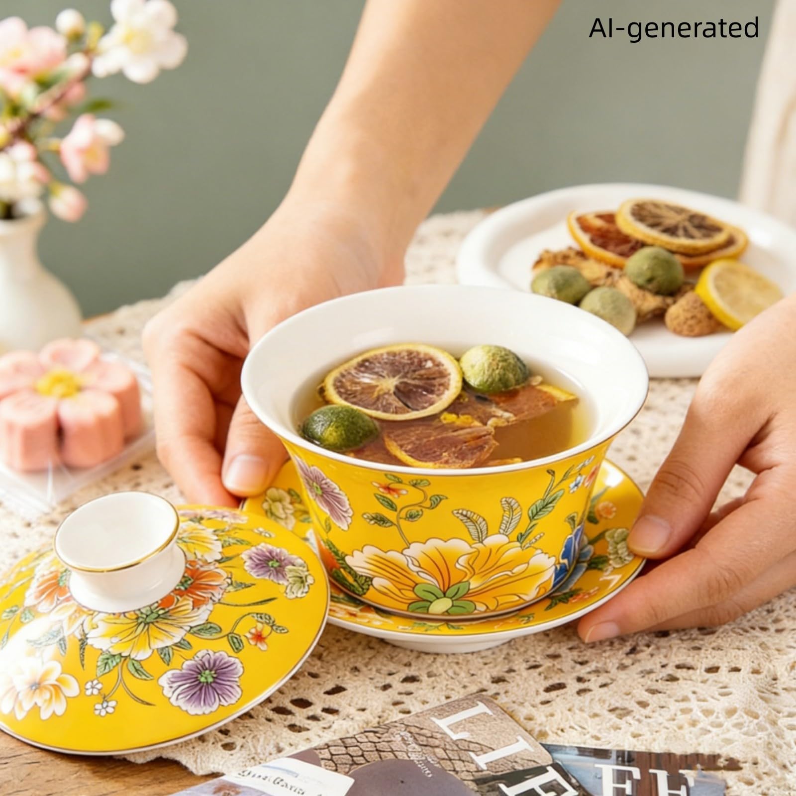 Goße Chinesische Porzellan Gaiwan Teetasse 400ML, Gelbe