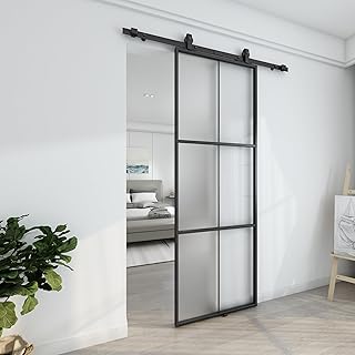 BARNSMITH 30in x 84in Aluminum Glass Barn Door Panel DIY Frosted Tempered Glass Door Slab Disassembled(Sliding Hardware not Included), Lightweight Sliding Door, Easy Assembly
