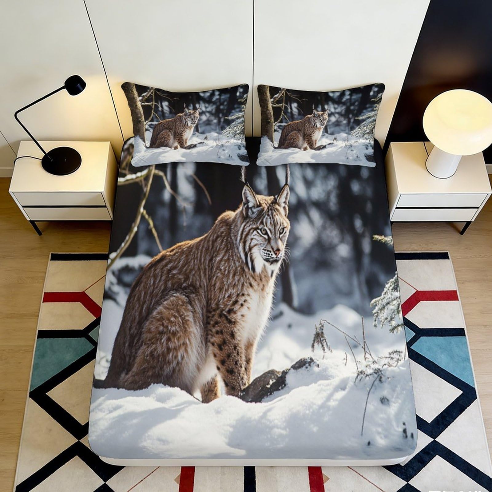 Uxinyoume Style-2 3D Printed Snow Forest Lynx Fitted Sheet Microfiber Soft Bed Sheet For Bedroom Guest Room Decor Mattress Protection 90X200x25cm