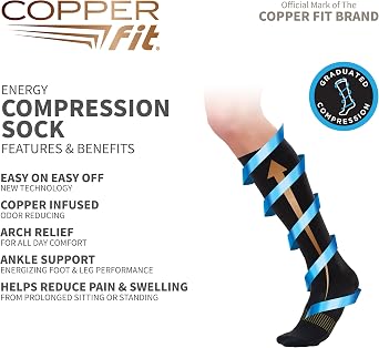 Copper Fit Energy Compression Socks (3 Pack) | Easy On, Off | Circulation & Swelling Relief | Ideal for Travel, Nurses, Running, Recovery | Men & Women