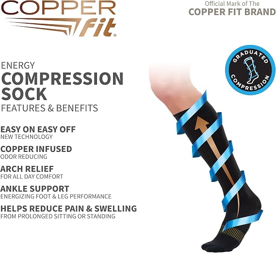 Copper Fit Energy Compression Socks (3 Pack) | Easy On, Off | Circulation & Swelling Relief | Ideal for Travel, Nurses, Running, Recovery | Men & Women