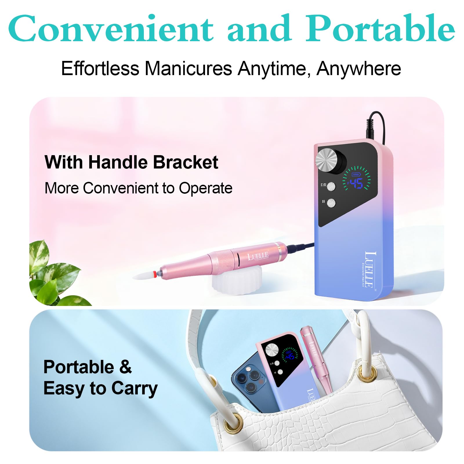 Electric Nail Drill File Professional 45000 RPM, LUELLE Electric Nail File Machine Kit for Acrylic Gel Nails Polishing Removing, Portable Rechargeable Cordless E File with Gold Bits Kit for Salon Home