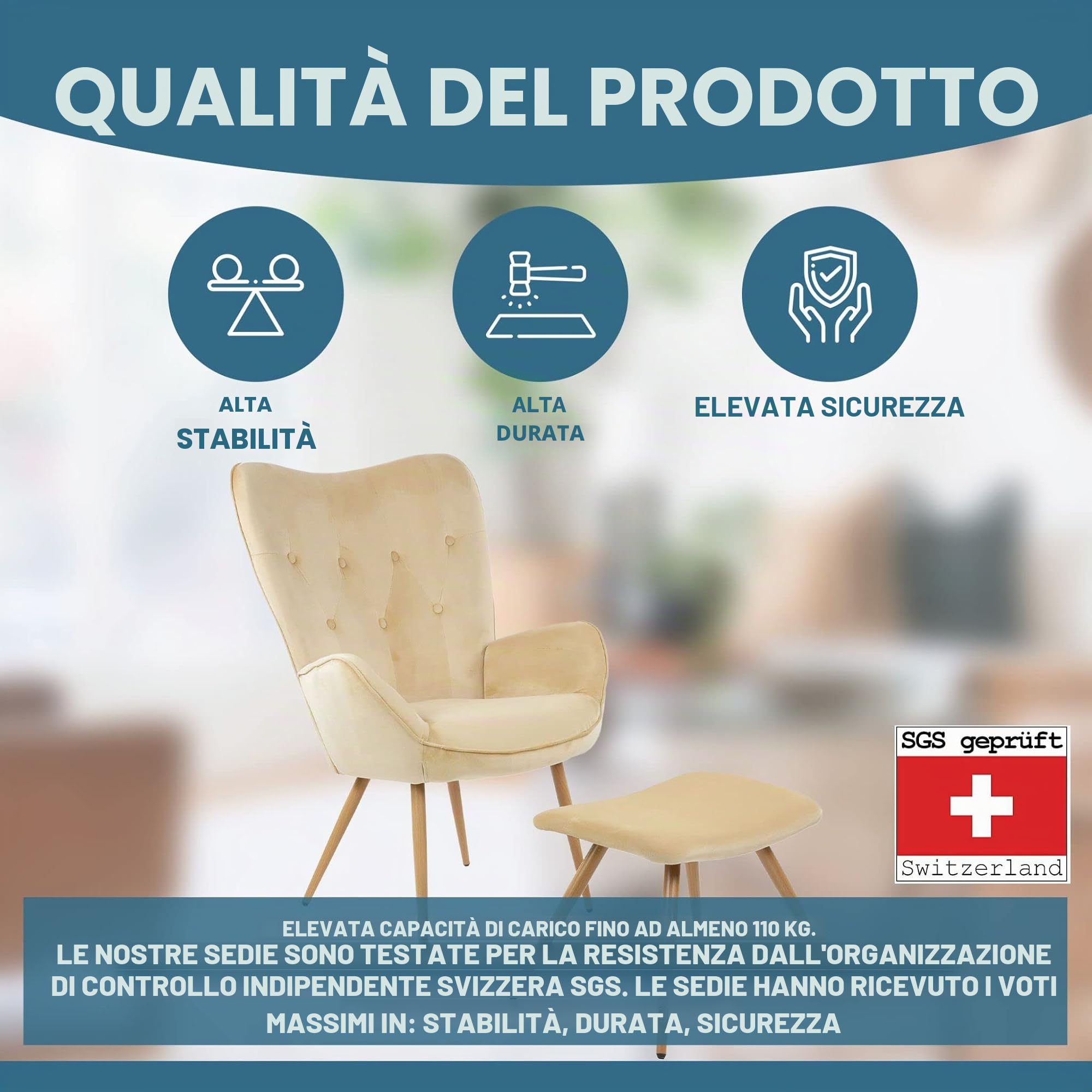 Albatros sedia ad ala con sgabello YORK, beige, rivestimento in velluto, comoda imbottitura, poltrona TV, poltrona imbottita