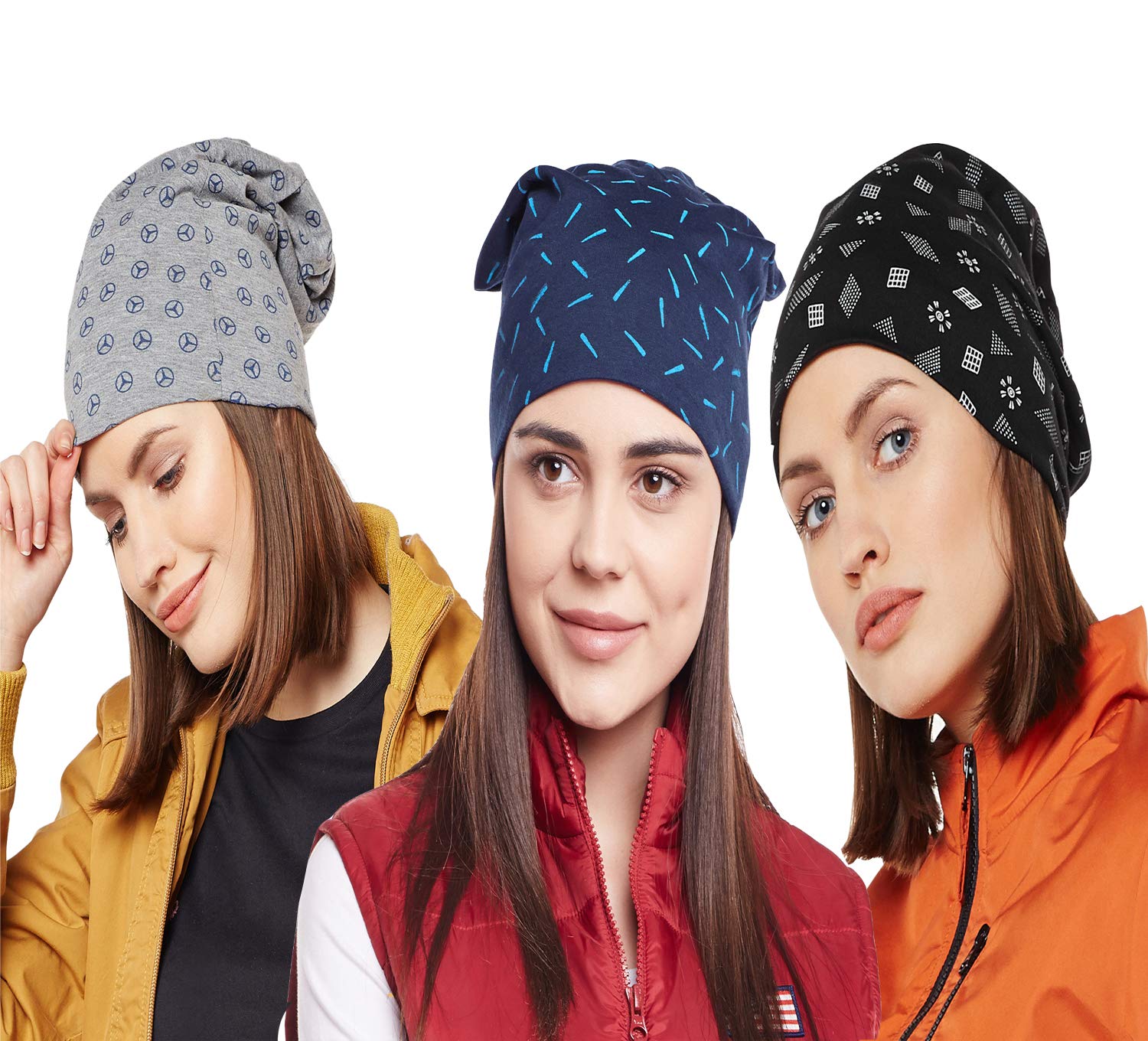 Mack Jonney Cotton Blend Beanie Hat for Women(Pack of 3)-Vj-Wncap03-Group4-