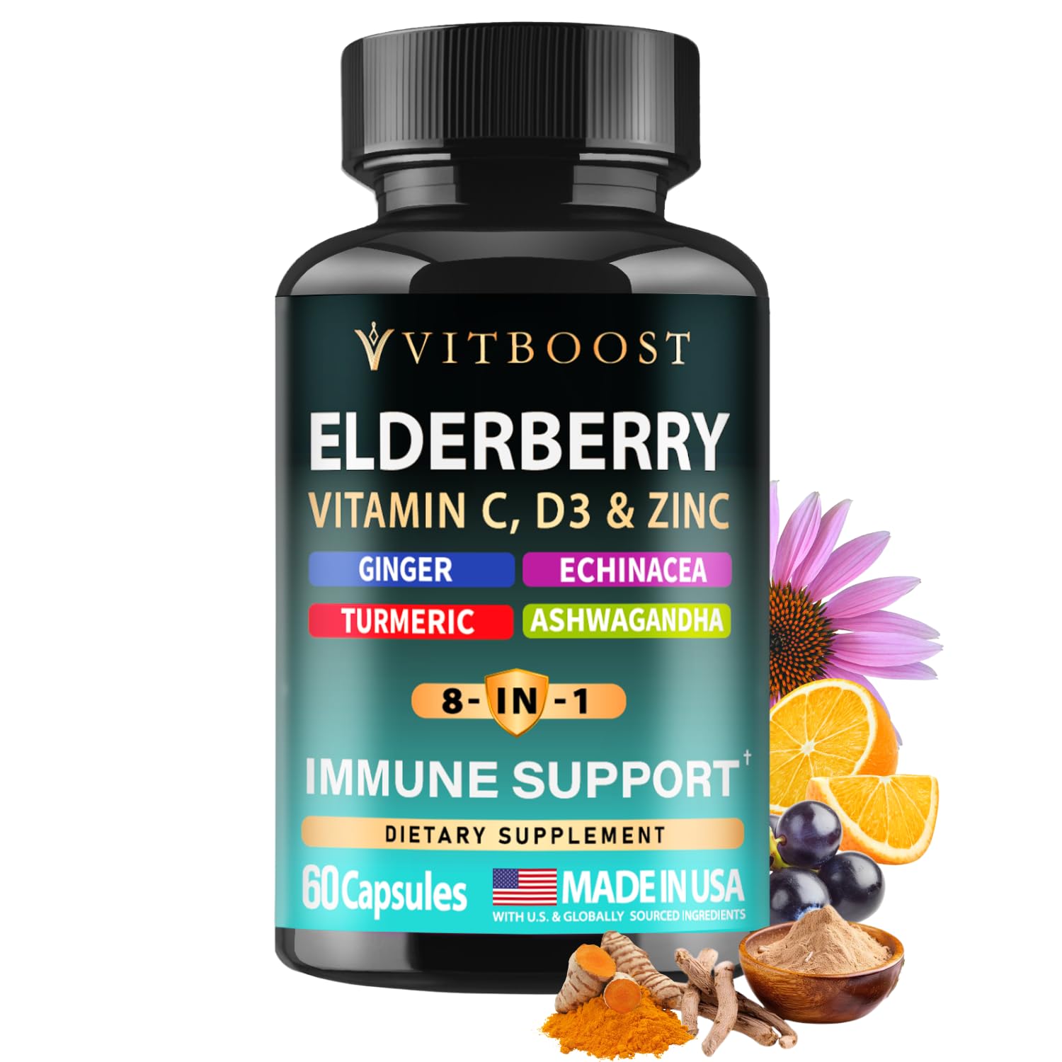 Elderberry Immune Support Supplement 8-in-1 Formula with Echinacea, Vitamin C & Zinc, Vitamin D 5000 IU, Turmeric, Ginger, Ashwagandha – 60 Capsules