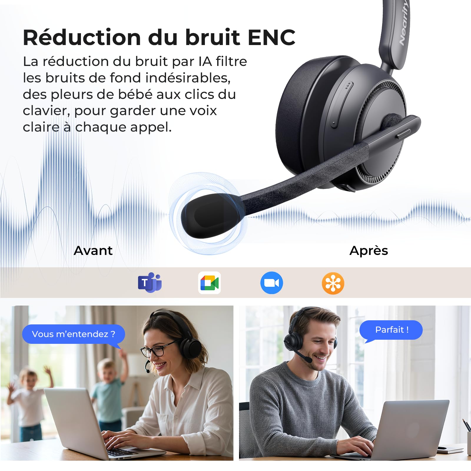 NEARITY EP320 Casque sans Fil avec Micro pour Le Travail, Casque Bluetooth avec Réduction de Bruit, Type-A Dongle pour PC, Station de Charge & Réduction de Bruit pour Bureau/Maison/Call Center