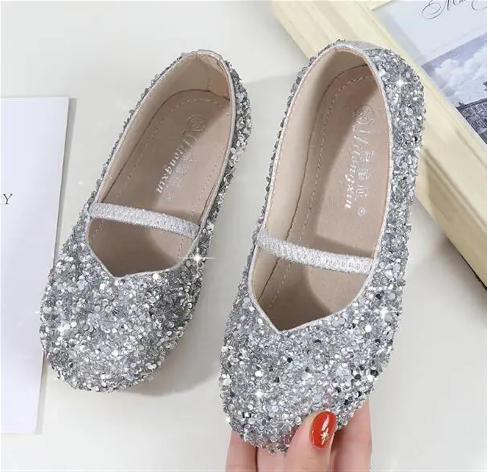 Ballettpantoffeln Abendschuhe Größe 23-36 Mädchen Pailletten Flats Lila Rosa Silber Farbe Kristall Design Prinzessin Tanzschuhe(Sliver,11)