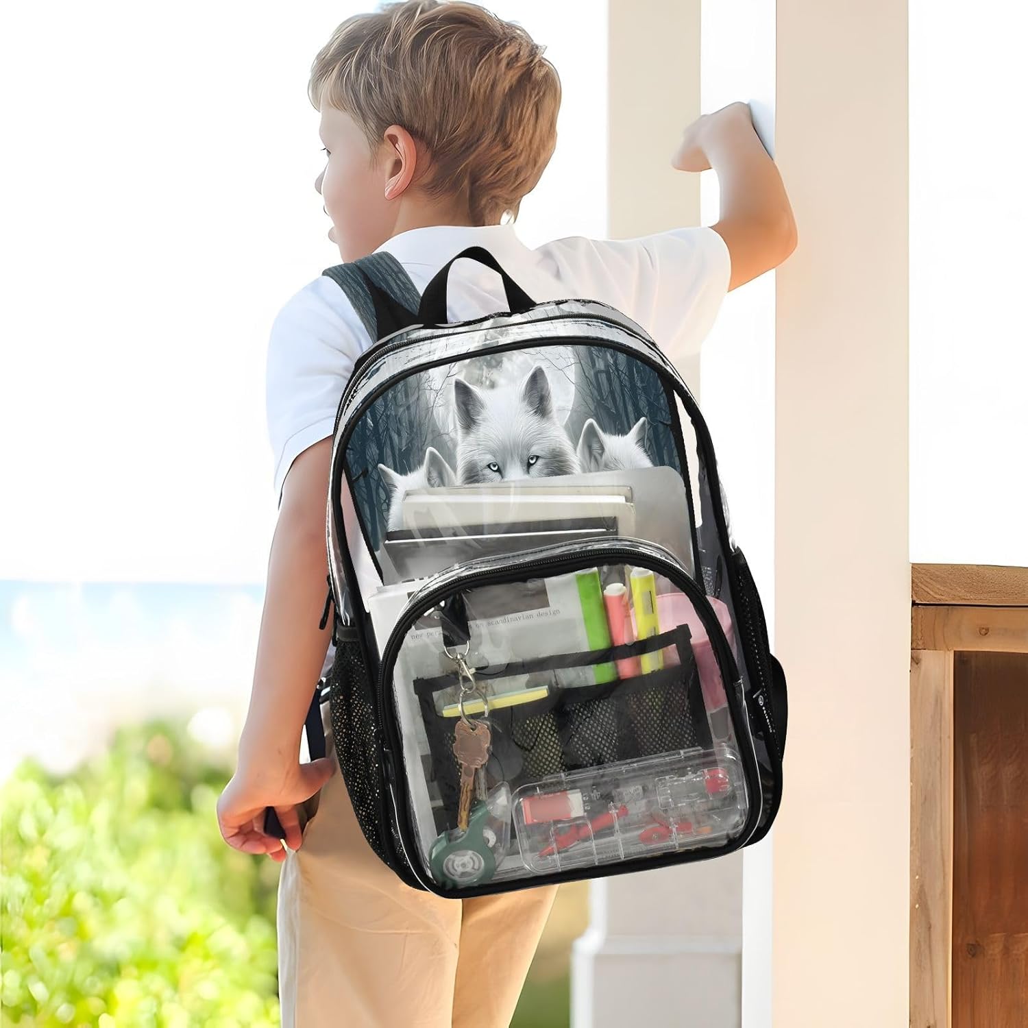 White Wolf Animal Tree Moon Clear Backpack Heavy Duty See Through Transparent PVC BookBag for Kids Boy Girl School Work