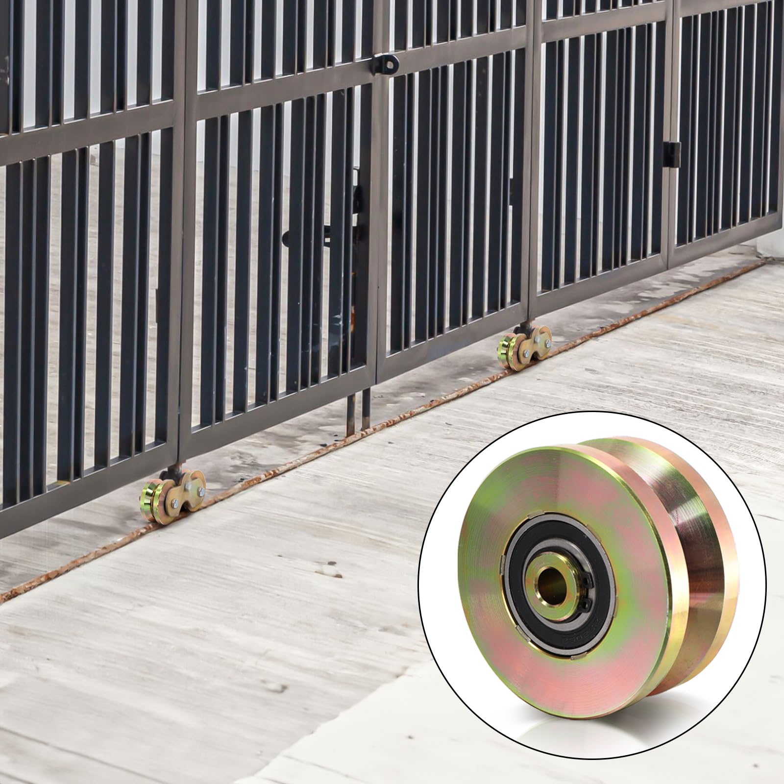 Goaste 2 Pack 4" Solid Slide V Groove Wheels, Heavy Duty Sliding Gate Casters, 1-3/4" Width Rolling Gate Wheels with Screw & Double Bearings for Industrial Machines Rail, Load Capacity 1000 Lbs — Amazon image 8