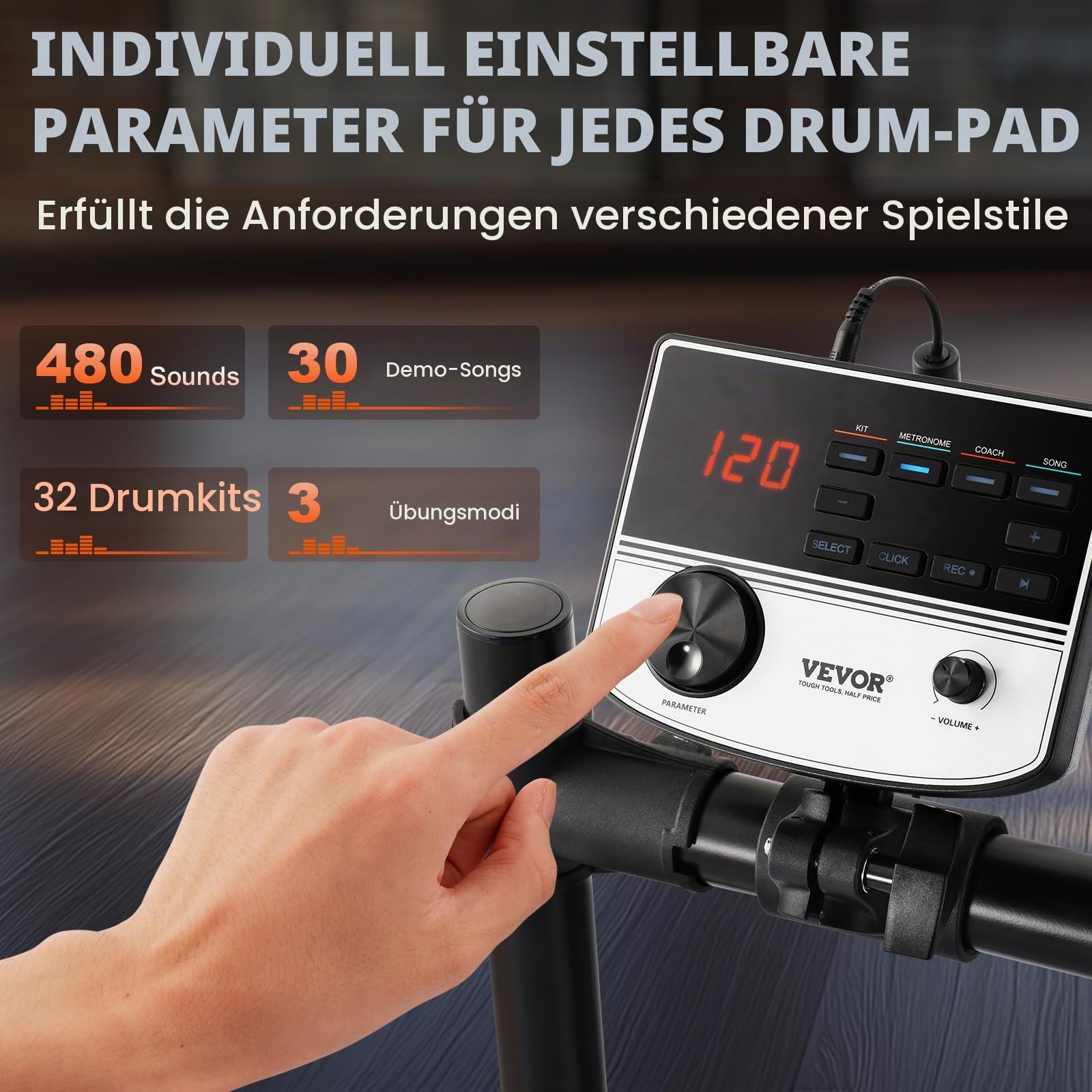 VEVOR E-Drum-Set, 32 Drum-Kits & 480 Sounds Elektronisches Schlagzeug, USB MIDI-unterstütztes 20,32 cm Leises Mesh-Snare-E-Drum-Set mit 25,4 cm Becken, Drum-Sticks & Kopfhörer, E-Drums