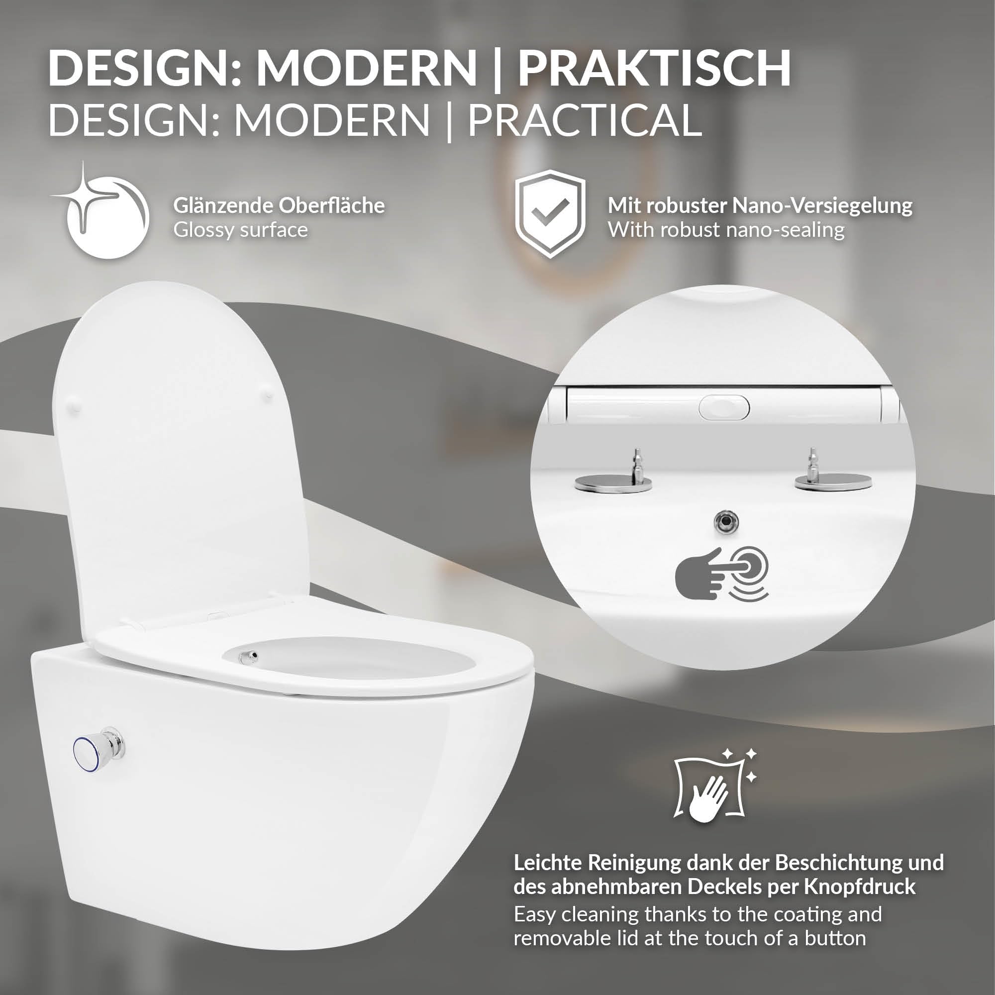 ECD Germany Inodoro Suspendido con Función de Bidé WC de Cerámica Blanca Nanorecubrimiento 54 cm de Largo con Mecanismo de Cierre Suave Softclose Tapa Duroplast Extraíble sin Cisterna