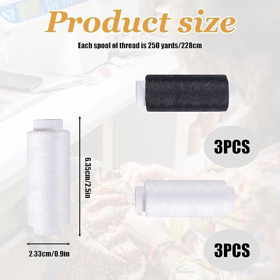 6-Pack Polyester Sewing Thread Set - 3 Black & 3 White Spools, Each for Machine & Hand Stitching, Quilting, and Crafting