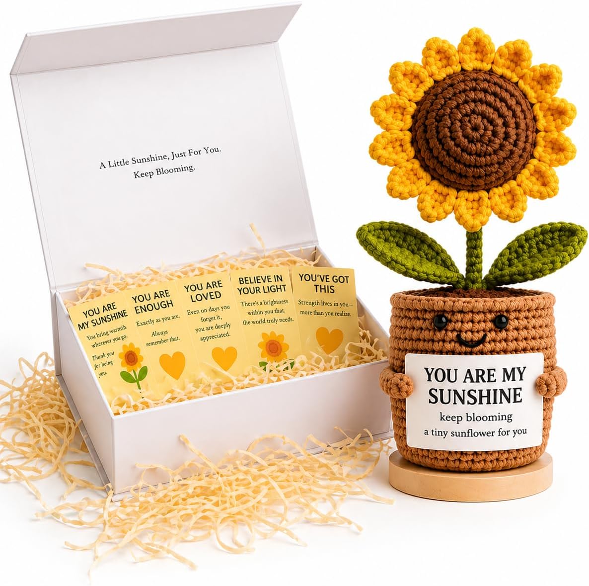 Handmade Crochet Sunflower Desk Decor - Knitted Positive Flower Figurine with Gift Box & 5 Message Cards, Aesthetic Office Home Room Decor Gift