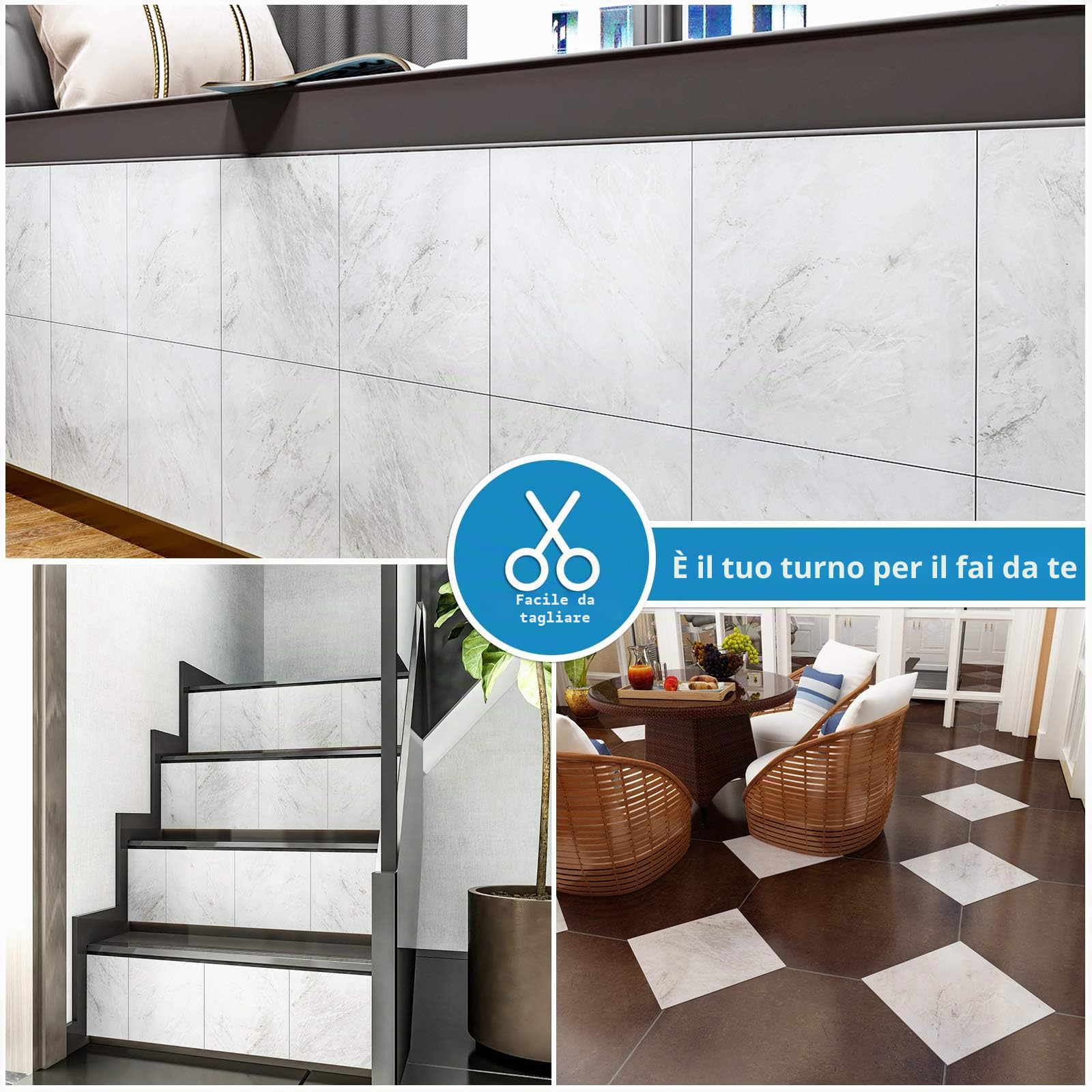 VEELIKE PVC Adesivo Pavimento in Marmo 24 Pezzi Piastrelle Adesive Pavimento Bagno Adesivi per Piastrelle Cucina Marmo Grigio Chiaro Mattonelle Adesive Pavimenti in PVC Garage Rimovibile 30cm x 30cm