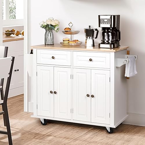 Miniatura 8 de VOWNER Isla de cocina de 43 pulgadas con hoja caída, mesa de isla de cocina con almacenamiento, carrito de cocina con ruedas de madera maciza para