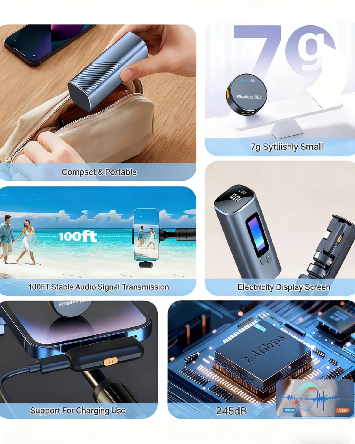 Microfono lavalier wireless, USB-C, a 2 canali, microfono a clip con custodia di ricarica, portata 30 m, batteria 30H, cancellazione del rumore per registrazione iPhone Android