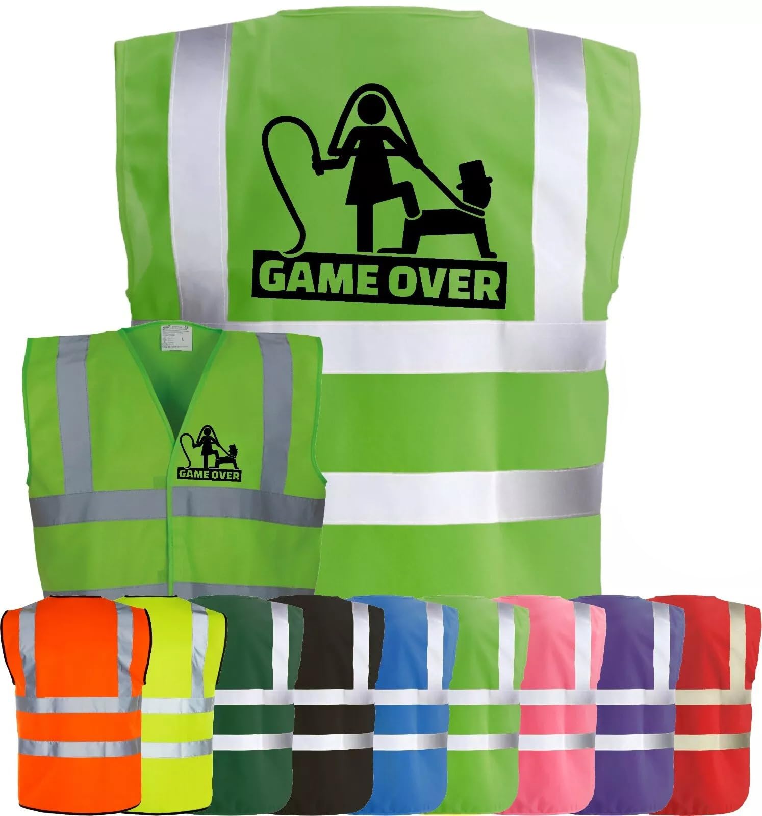 Corporate Togs GAME OVER Funny Hi Vis Vest, Stag Do Party Wedding Groom Printed Vest, Reflective Trim, Fully EN471 Health & Safety Compliant Gear, Small-XXXL | Safety Vests