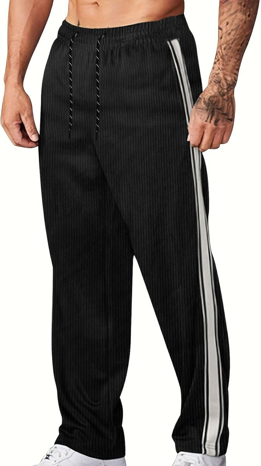 MakingDa Mens Corduroy Sweatpants Athletic Regular Fit Straight Leg Casual Classic Joggers Tracksuit Bottoms Drawstring Elasticated Waist Side Stripe Running Golf Gym Sport Pants