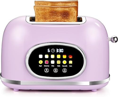 Roter Mond Tostadora de 2 Rebanadas con Pantalla Táctil Inteligente, Tostadora de Pan Retro de Acero Inoxidable con Temporizador Digital, Modo de