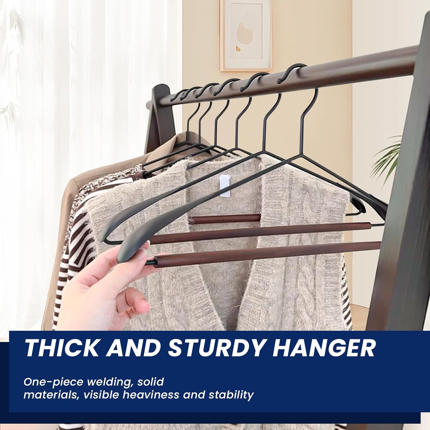 Jiang&Rong 12 Pack Wide Shoulder Metal Hangers - Heavy-Duty Retro Wooden Pants Bar Suit Hangers for Closet, Dresses, Pants, Sweaters, Jackets