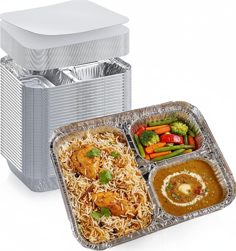 Disposable Aluminum Foil Tray with Paper Board Lids (Case of 250 sets) – L 8 1/2" x W 6 1/2" x H 1 1/2" 3-Compartment Foil Pan