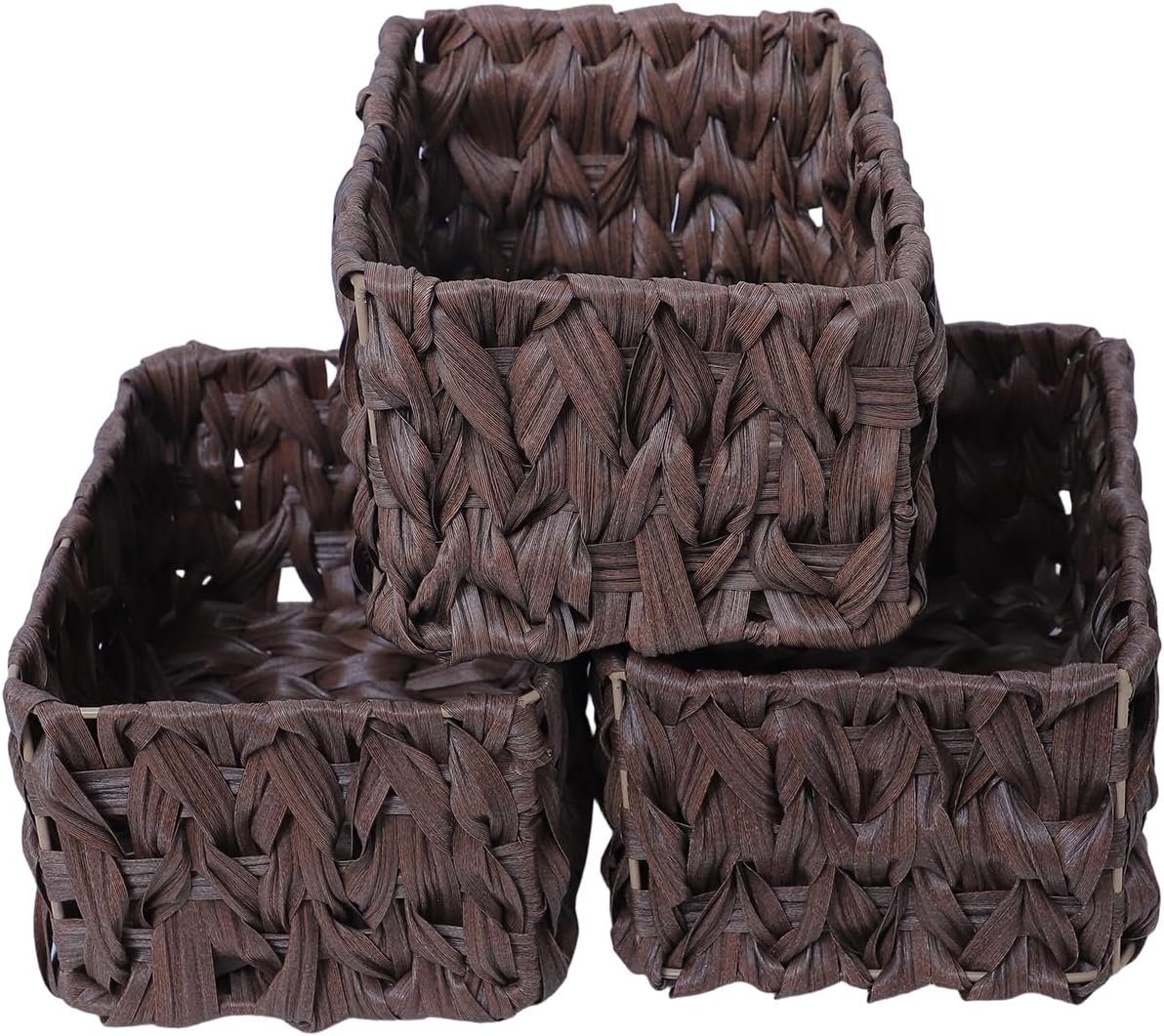 3-Pack Brown Imitation Rattan Storage Baskets - Handwoven Design Plastic Organizer Bins for Home, Kitchen, Bathroom Decor - Rugged & Stylish (9.65x6.69x4.72 Inch)