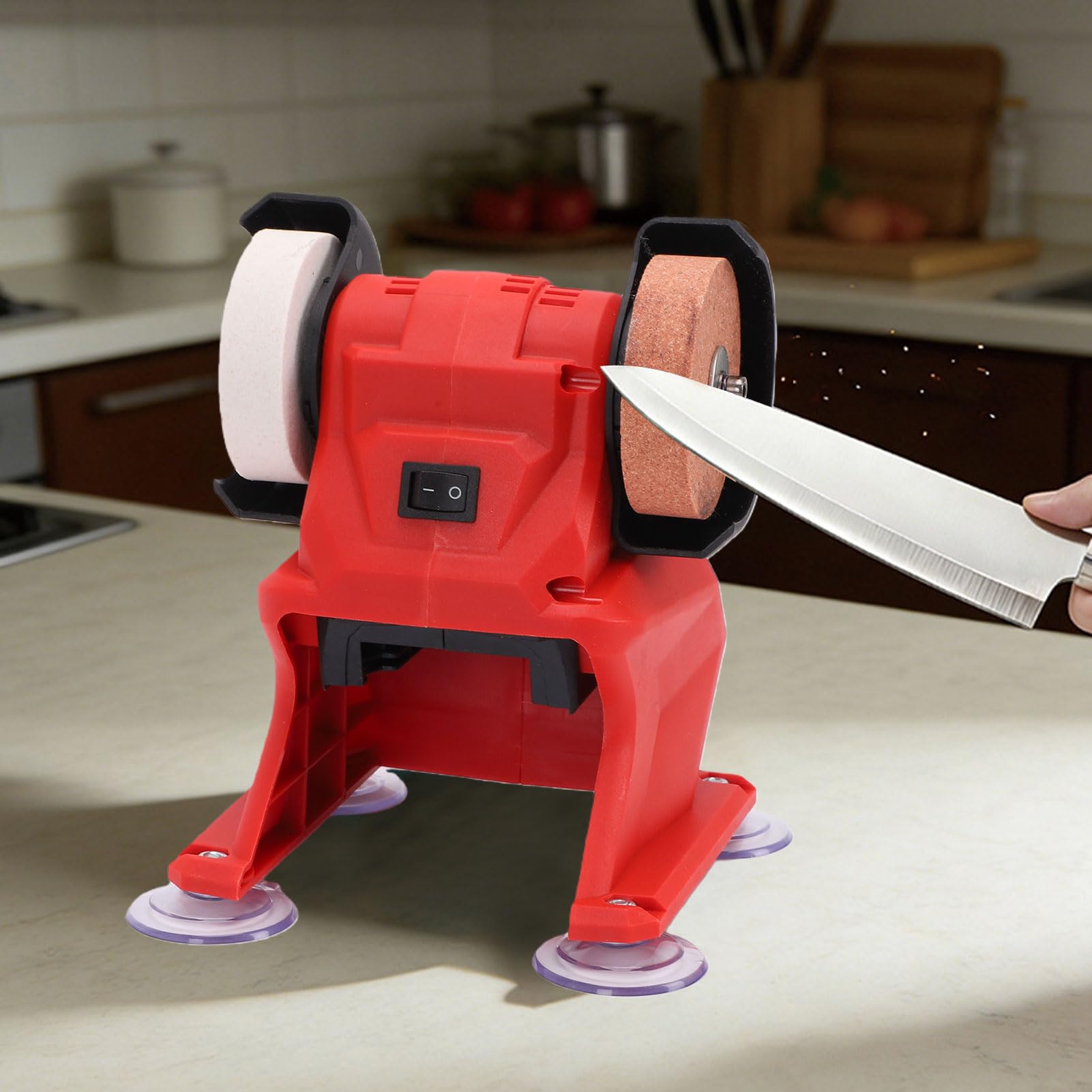 Asixxsix Mini Amoladora de Banco, Lijadora Pulidora Inalámbrica con Batería de 5500 RPM y 18 V con Ruedas de Corindón Fino y Grueso Cubierta Protectora de Metal para Eliminar óxid