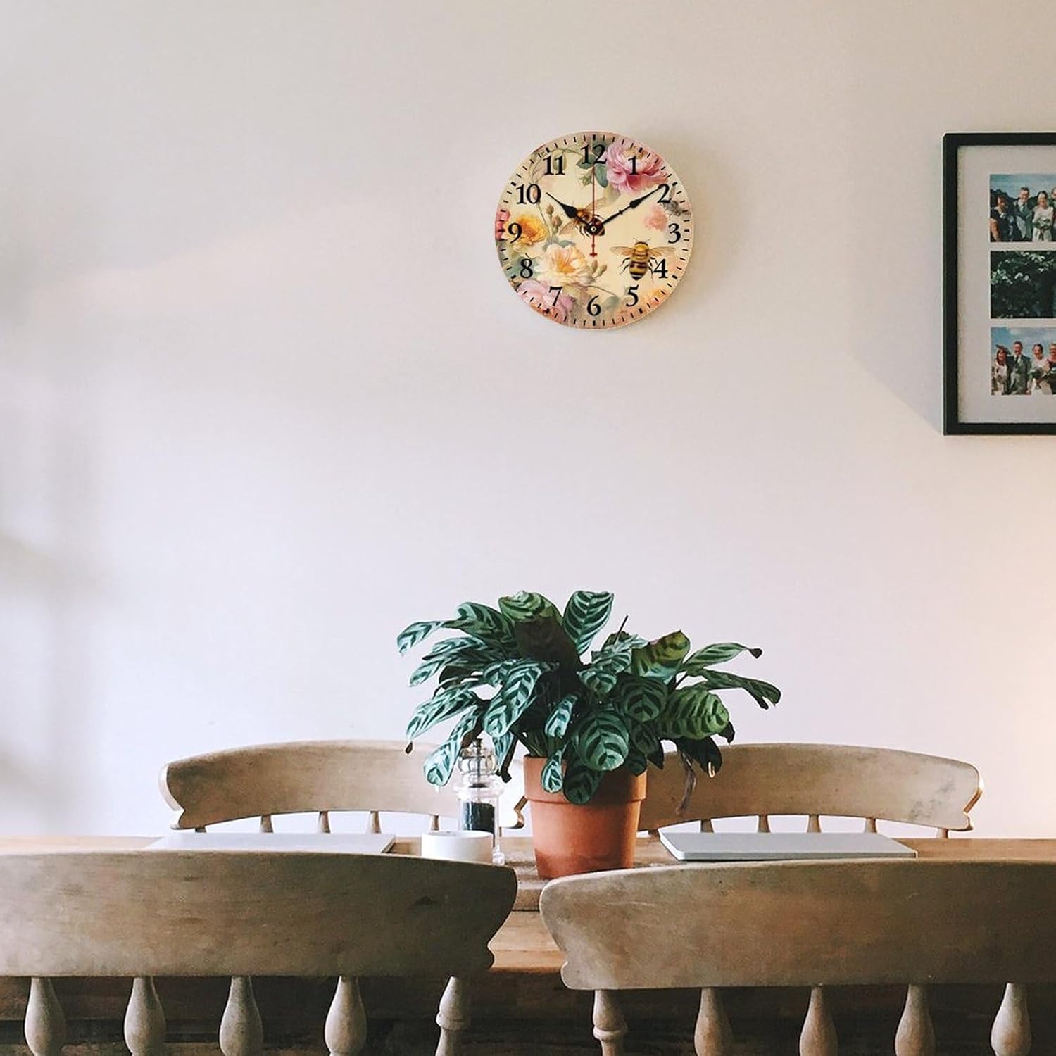 12 Inch Wall Clock Rustic Vintage Honey Bees & Floral Roses Rustic Wood Wall Clock Non Ticking Arabic Numeral Vintage Watercolor Rose Flowers Leaves Clock Home Office School