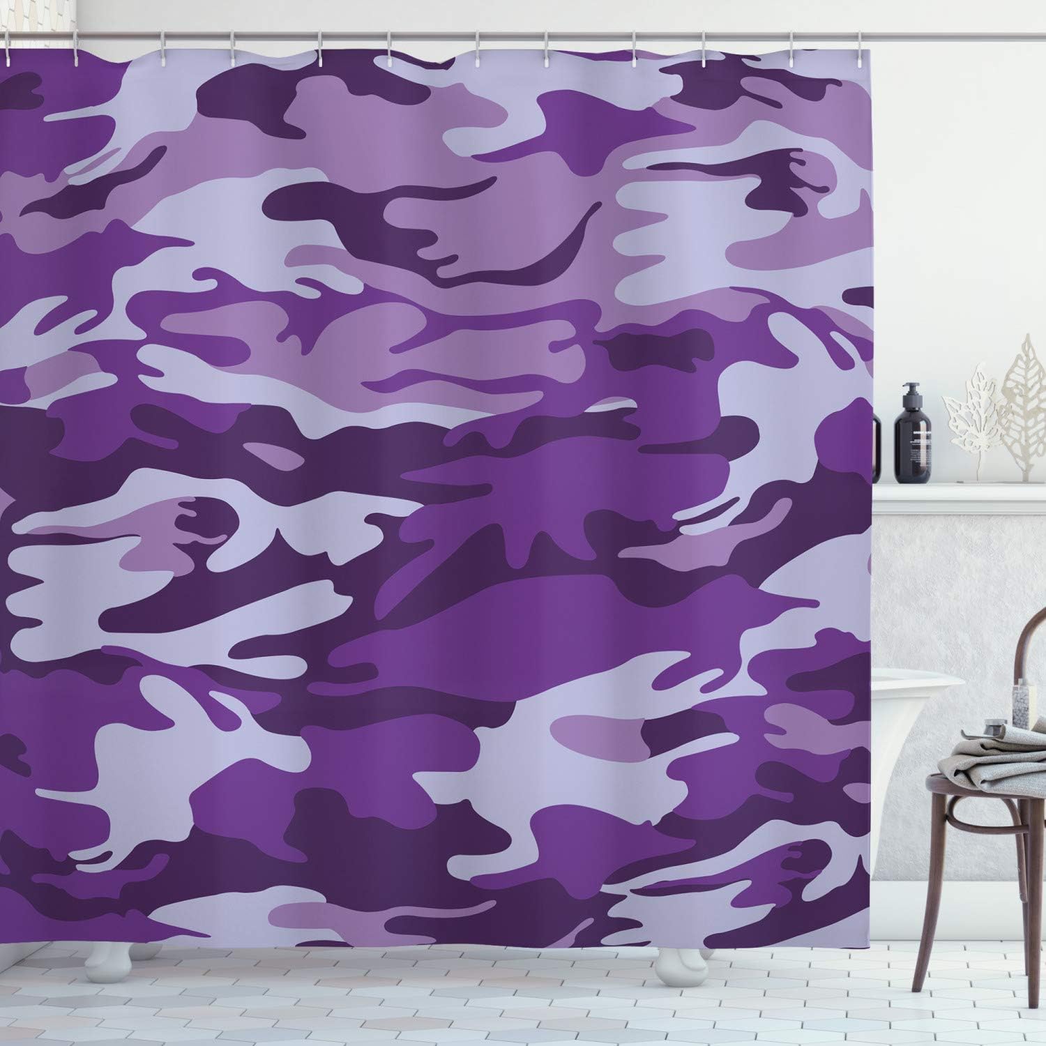 Ambesonne Camouflage Shower Curtain, Vibrant Color Abstract Style Splashes Design Pattern Hunting Hobby Print, Cloth Fabric Bathroom Decor Set with Hooks, 69" W x 84" L, Purple Pale Grey