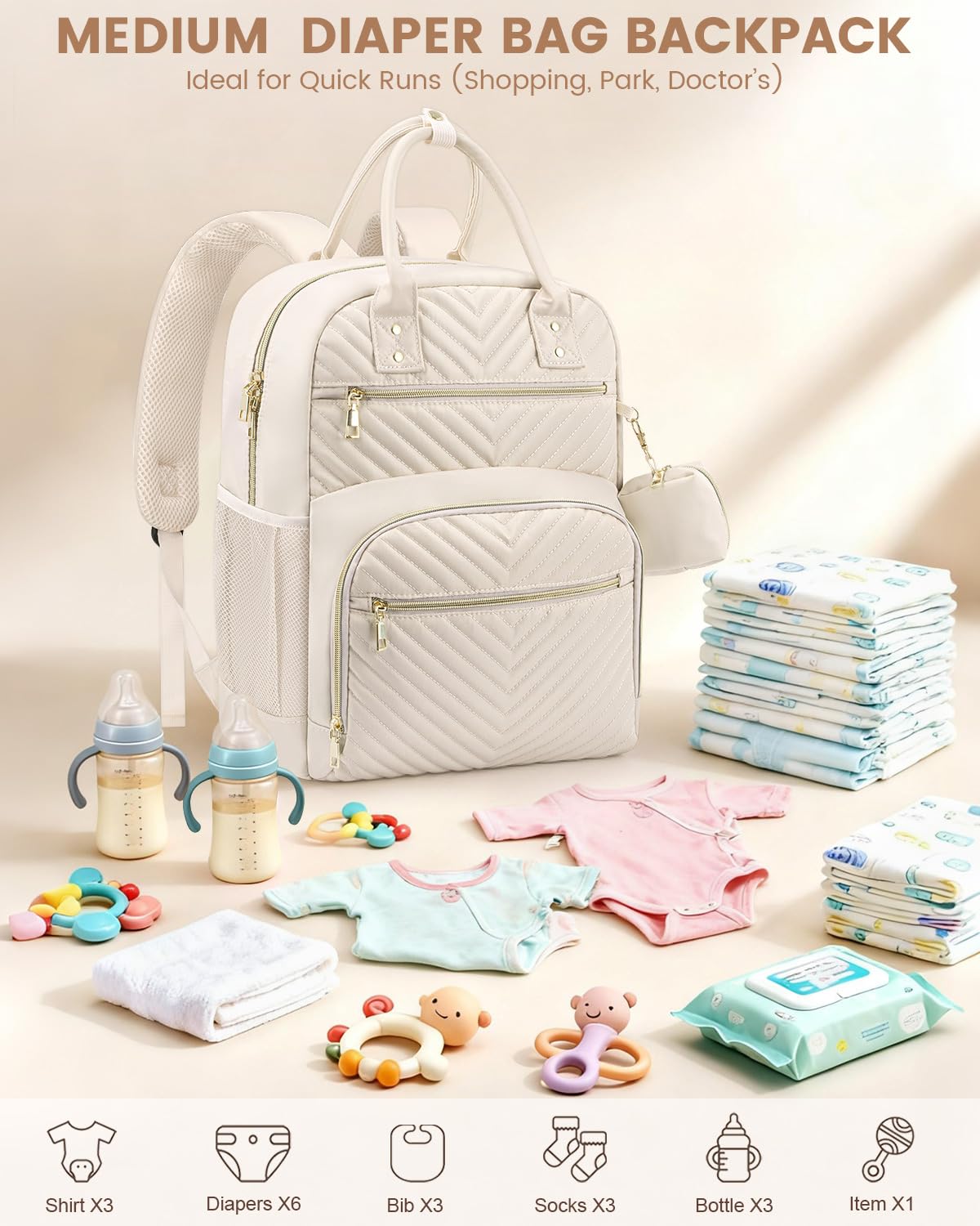 Pritent Zaino per pannolini, borsa essenziale per pannolini con custodia per ciuccio, elegante zaino da viaggio per neonata/ragazzo, Beige, Medium